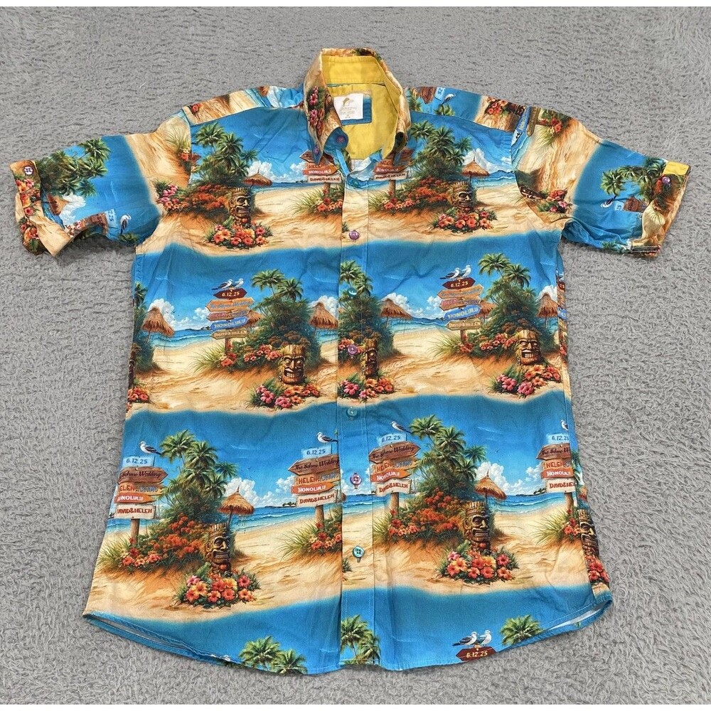 Claudio Lugli Shirt Mens Medium Blue Hawaiian Aloha Beach Short Sleeve Button Up
